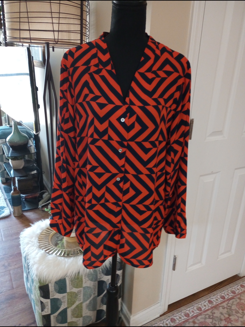 Geometric Orange & Navy Button-Front Blouse